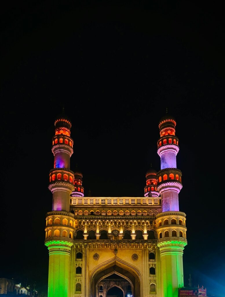 Charminar illuminated at night in the heart of Historical Hyderabad